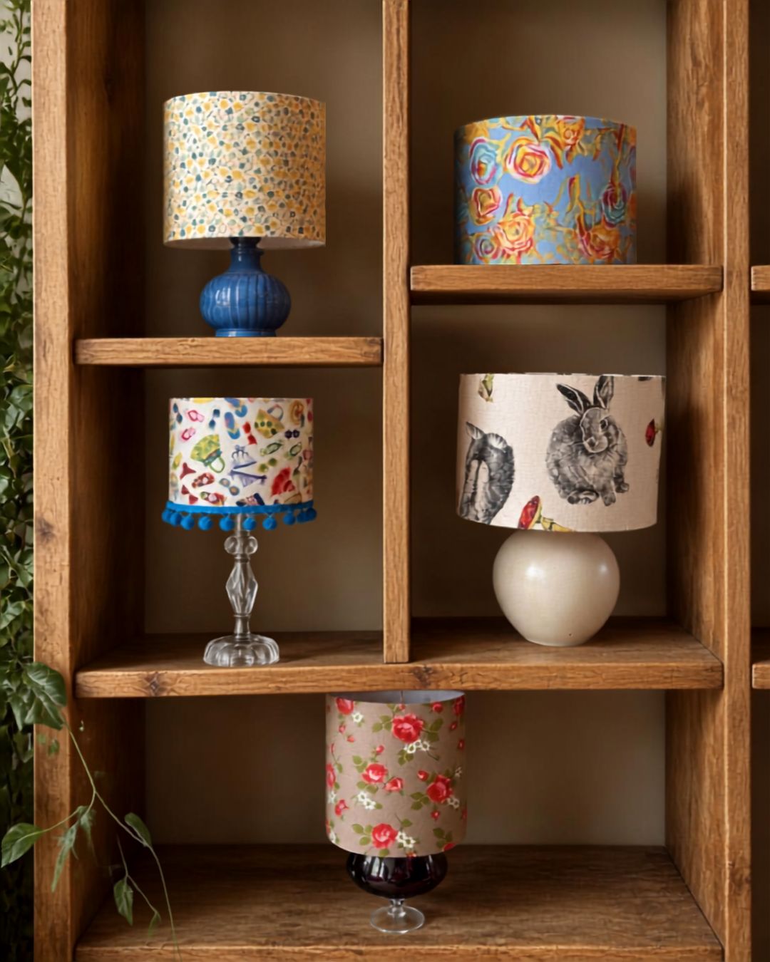 a selection of lampshades on bases in a wooden block design set of shelves