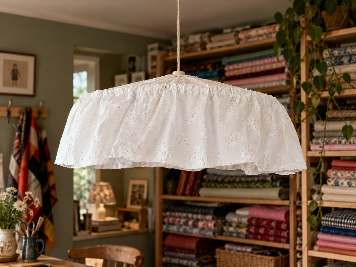 A white broiderie Anglaise eyelet cotton ruffled pendant light hanging in a cozy, rustic sewing workroom filled with shelves of fabric.