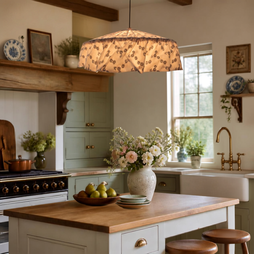 A rustic kitchen scene with a hanging a white cotton broderie anglaise fabric pendant light featuring a floral pattern, suspended over a wooden-topped island in a farmhouse-style kitchen with green cabinets, a farmhouse sink, and a window.