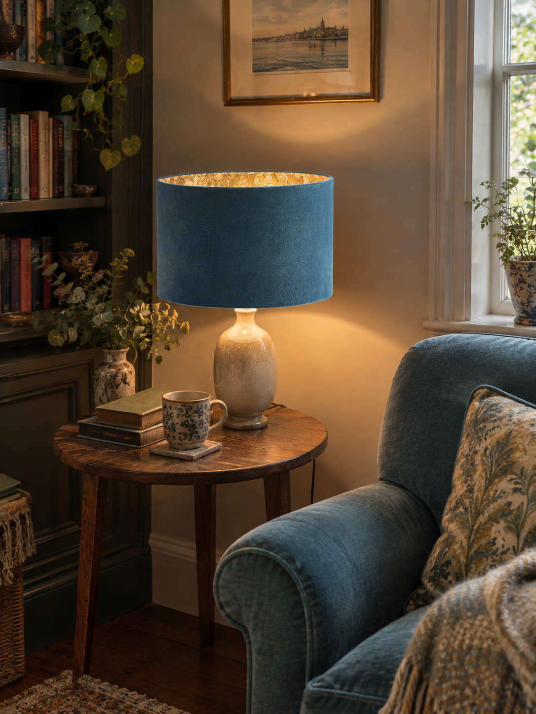  Blue velvet lampshade with glowing golden floral lining beside a blue armchair and bookcase.