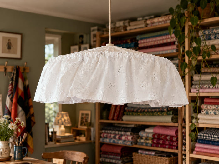 A white broiderie Anglaise eyelet cotton ruffled pendant light hanging in a cozy, rustic sewing workroom filled with shelves of fabric.