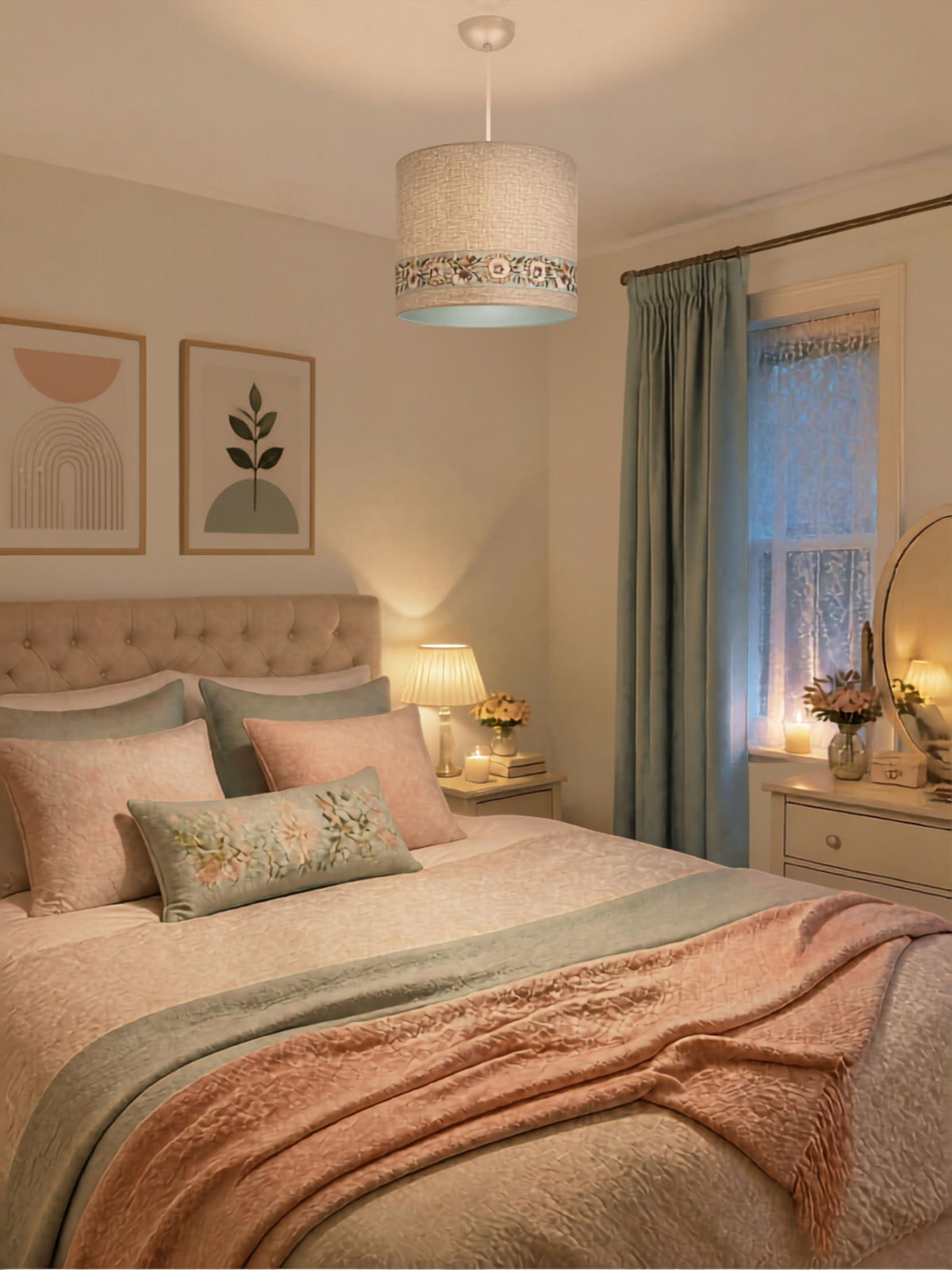 A beautifully styled bedroom featuring a bed dressed in soft blush pink and sage green bedding, with a textured peach throw blanket. The room is decorated with a tufted beige headboard, framed botanical wall art, a matching sage green curtain, and a cylindrical drum pendant light hanging above the bed, gold linen with a duck egg linen interior.