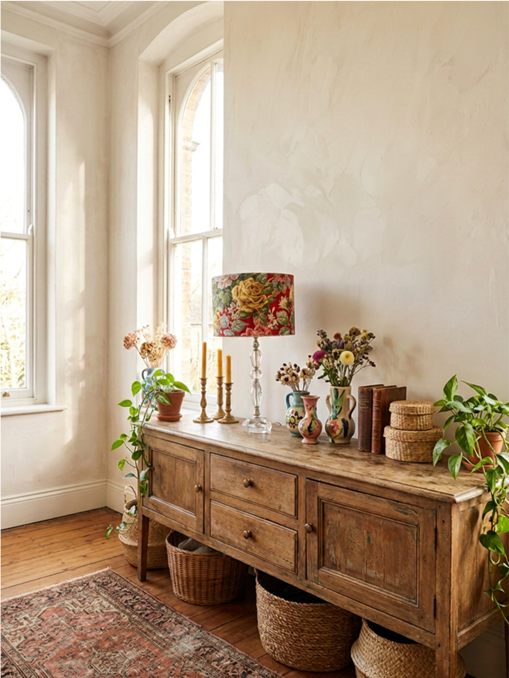 A rustic wooden sideboard or console table styled in a bright room with arched windows, holding a red floral lampshade table lamp, candles, vases, baskets, and potted plants.