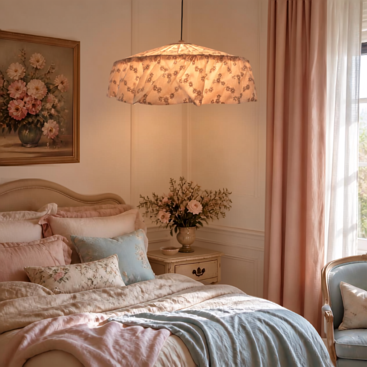 A cozy romantic bedroom scene featuring a bed dressed in soft pink and light blue linens, a floral-patterned pillow, a matching bedside table, and a warm glowing broderie anglaise frilly pendant lamp hanging from the ceiling.