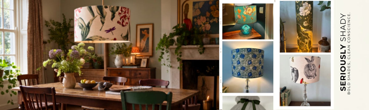 A mix of lifestyle and product placement photography. Each image centres on an individual lampshade made by Seriously Shady. The lifestyle shot is of a dining room with an eclectic mix of mismatched furniture and indoor plants. Hanging over the table is an oversized ceiling lampshade from the 40cm drum collection featuring dragon flies and giant tiger lilies. To the right of the collection is a banner that say's 'Seriously Shady. Bold Shades. Clean Conscience'.