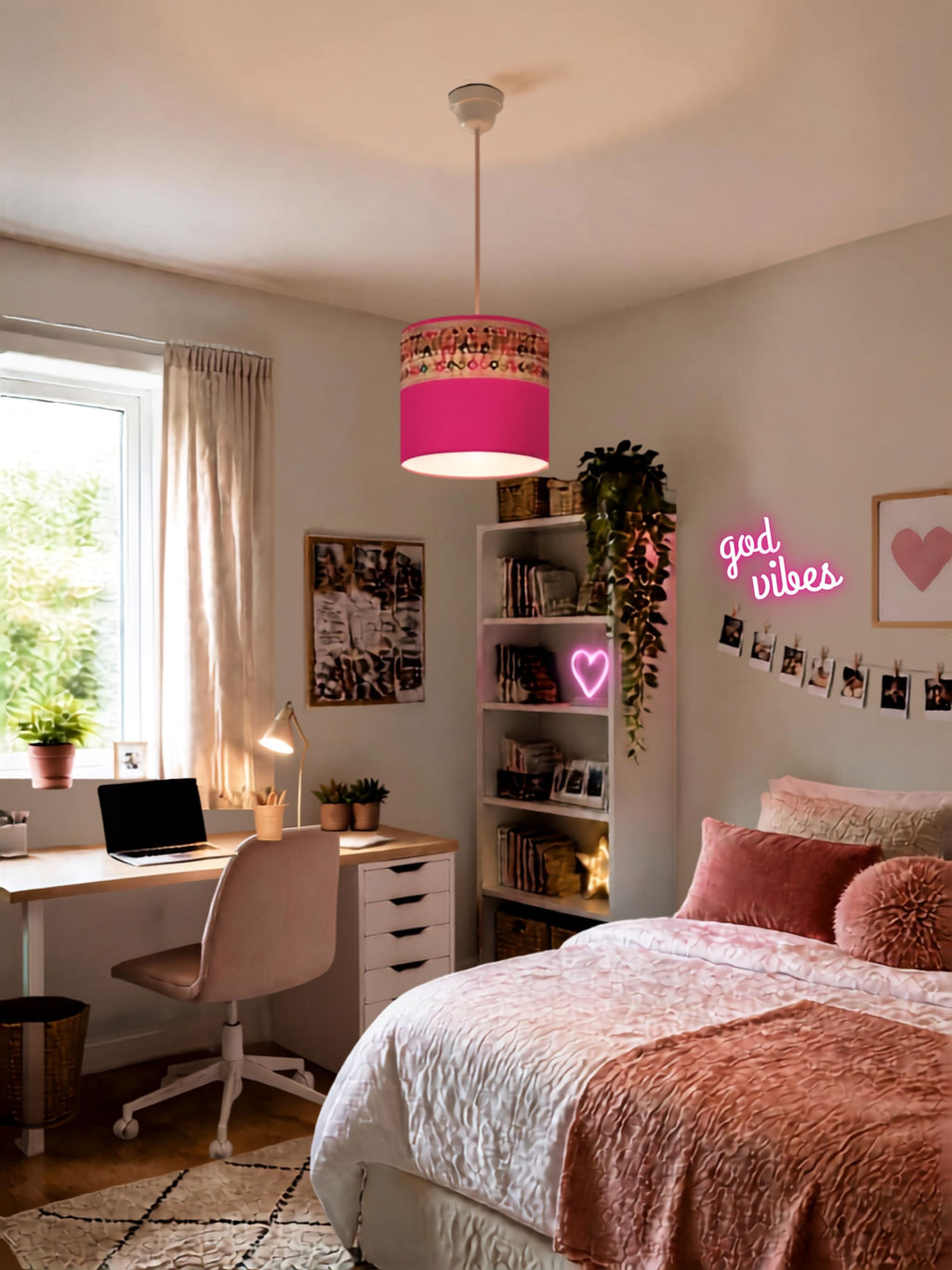 A cozy bedroom interior with a bed dressed in pink and white bedding, a desk with a chair near a window, a shelving unit, and a pink hanging drum lampshade. Decorative wall elements include a neon-style heart sign, framed wall art, and small photo clips.