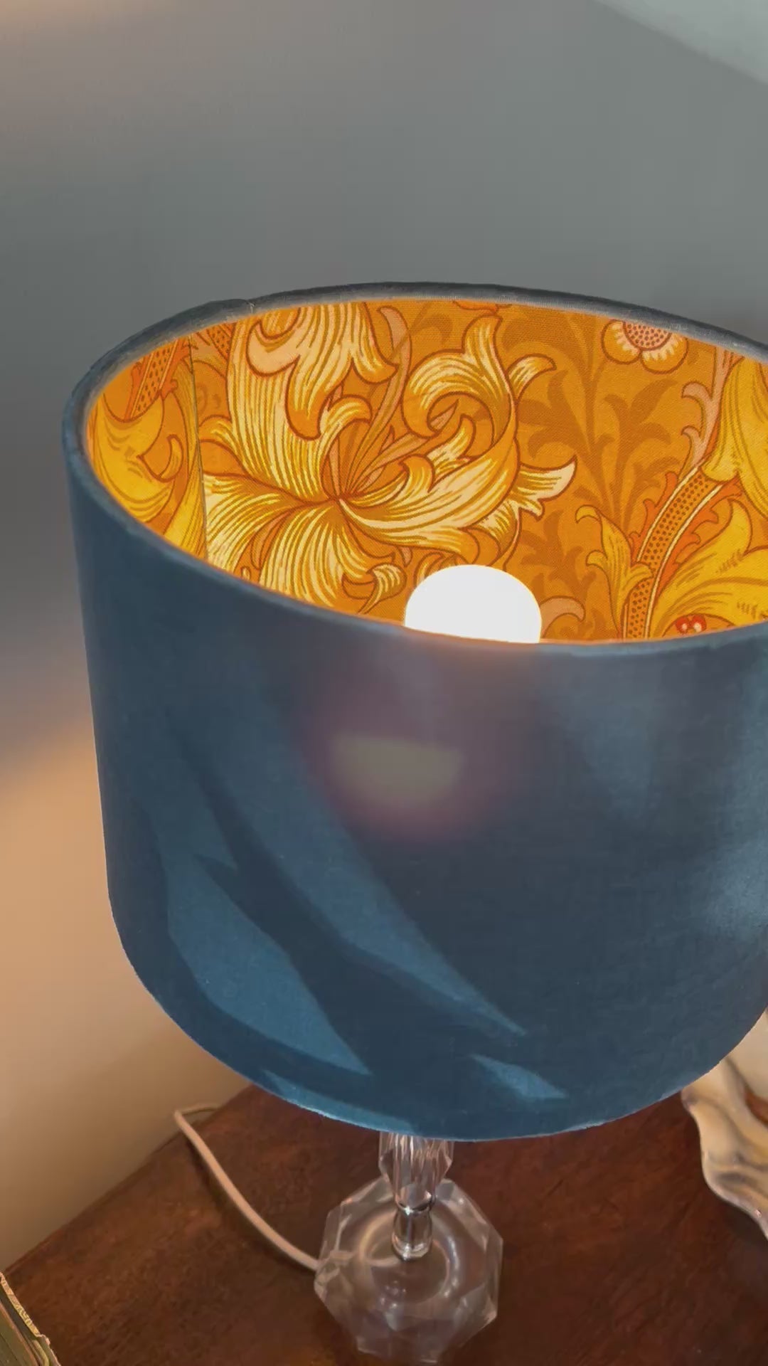 30cm Blue Velvet Drum Lampshade with Sanderson Golden Lily Lining