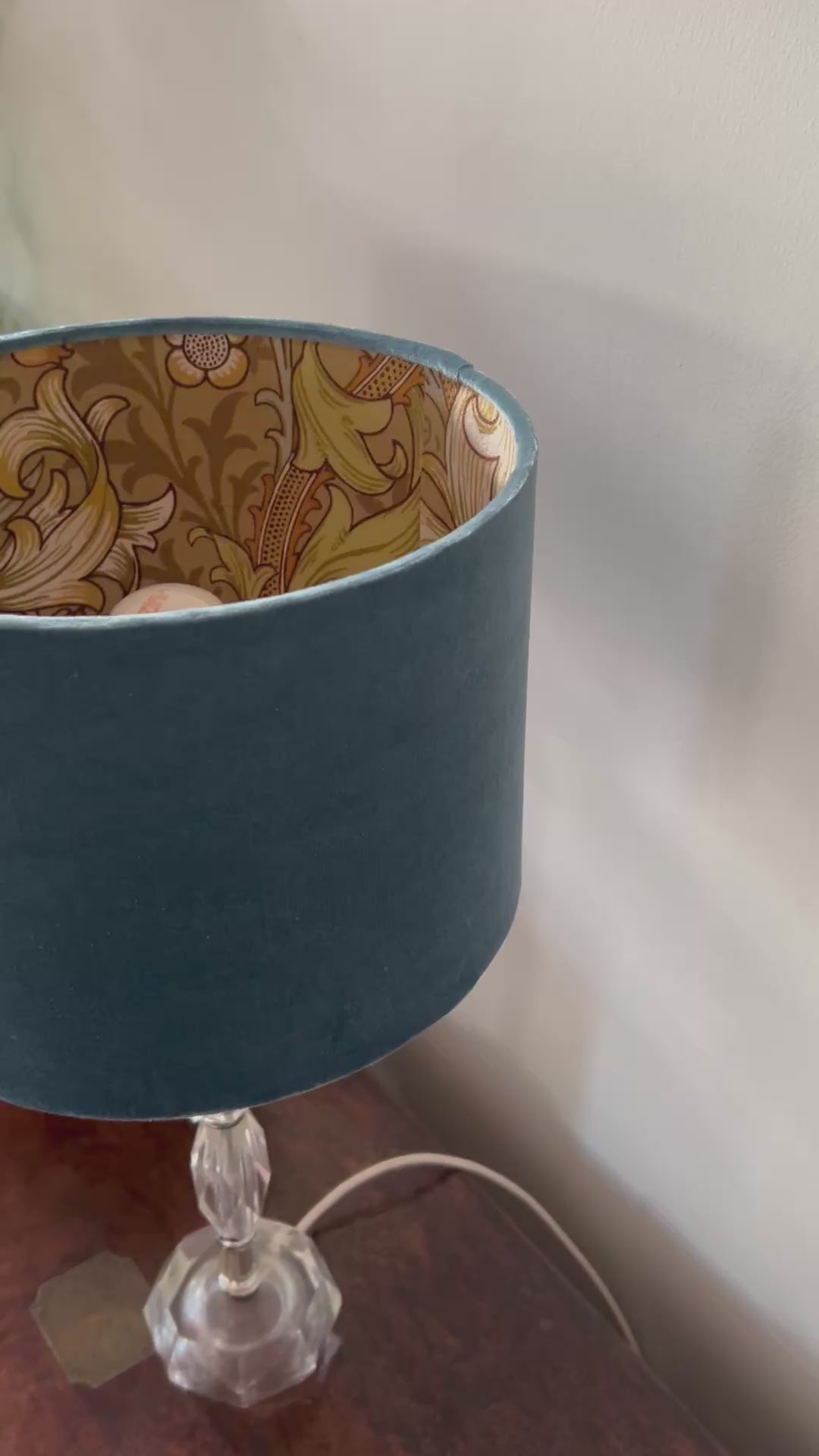 30cm Blue Velvet Drum Lampshade with Sanderson Golden Lily Lining