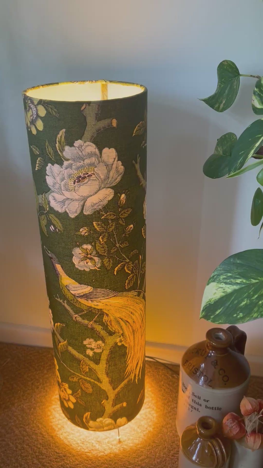Handmade Tall Column Drum Floor Lampshade, Peacock Patterned Green Statement Light