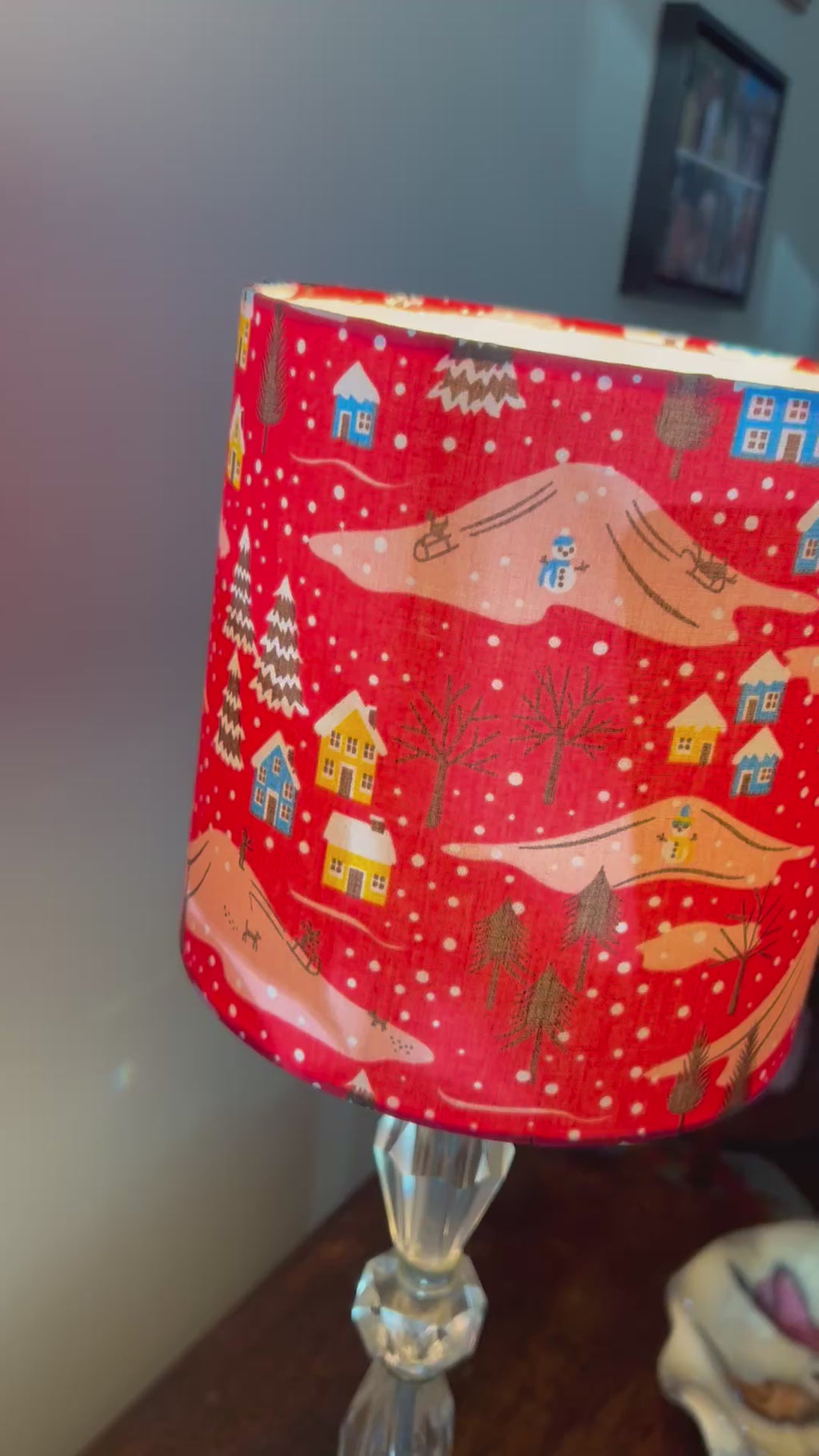 20cm Red Retro Christmas Drum Lampshade with Snowy Village Print