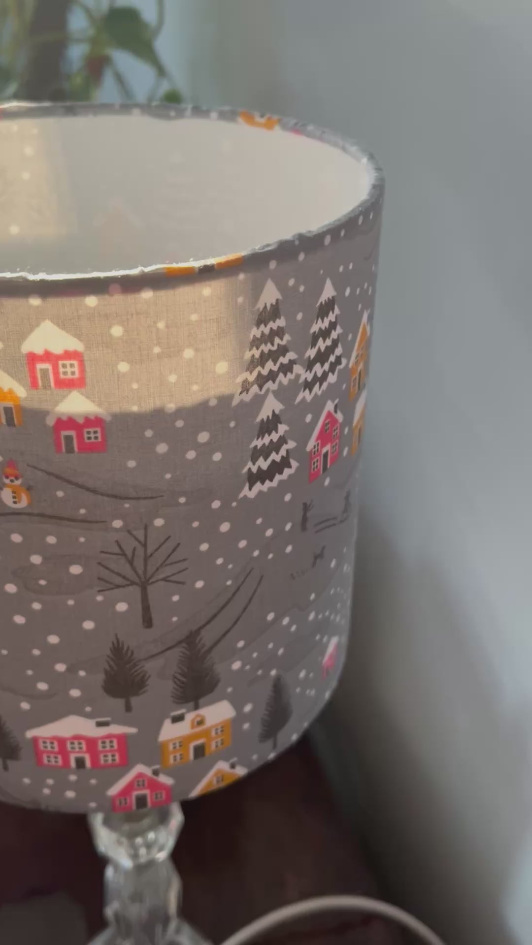20cm Grey Christmas Drum Lampshade with Snowy Village Print