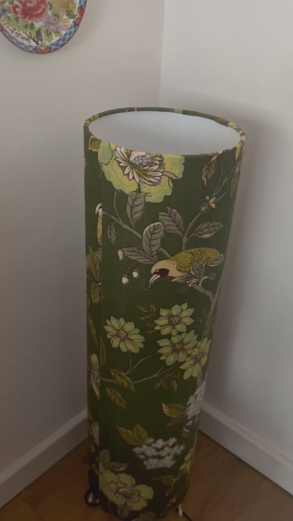Handmade Tall Column Drum Floor Lampshade, Peacock Patterned Green Statement Light