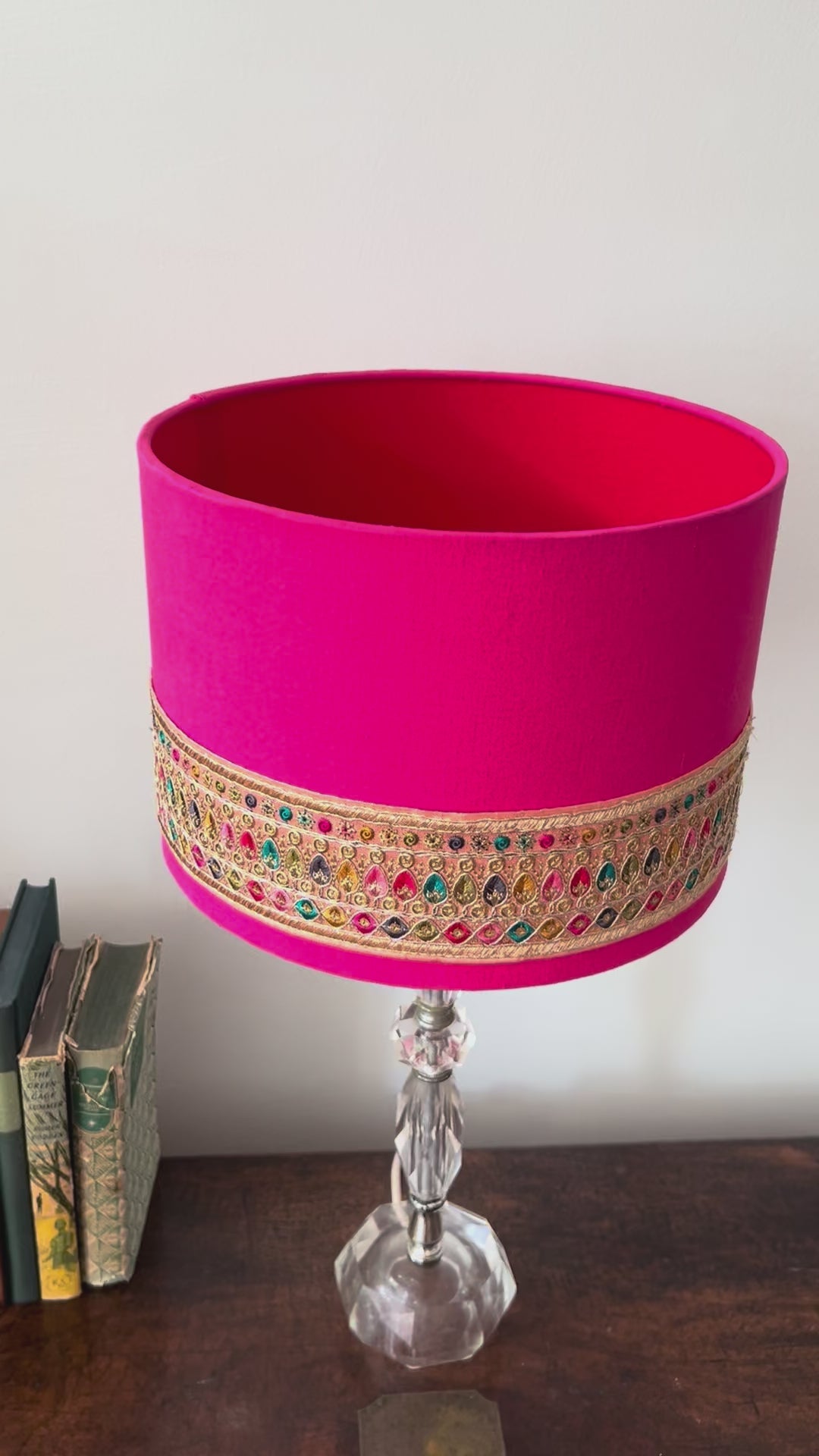 Short video bright pink linen shade with golden colourful linen