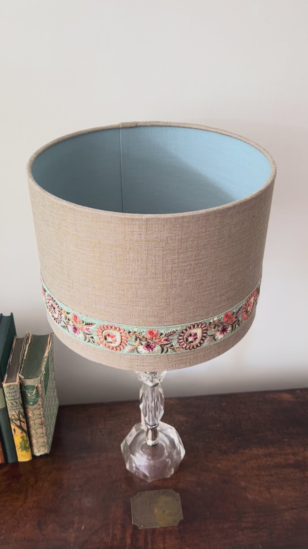 Short video of lampshade distance and close up showing golden fleck and linen and colourful silk ribbon