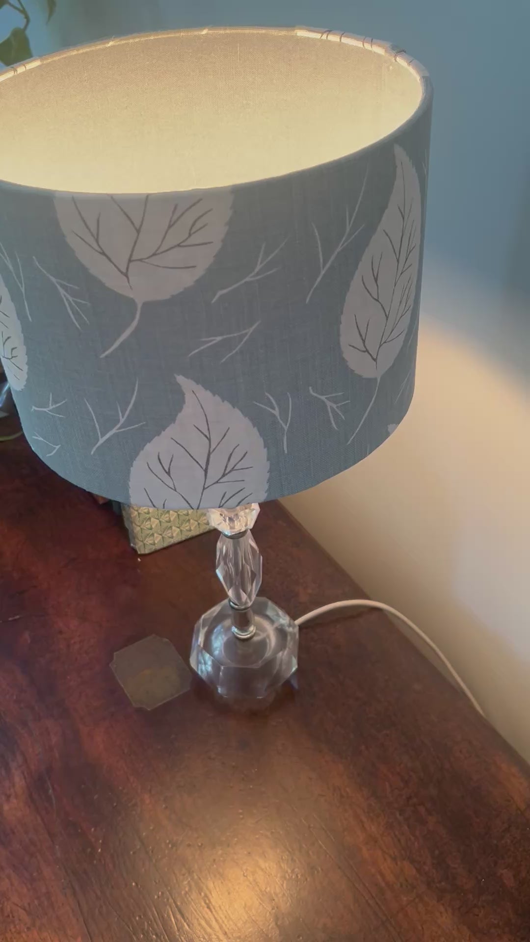 Handmade Double Sided Drum Lampshade Handmade with Vintage Duck Egg Blue Leaf Linen, Contemporary Botanical Table Lamp