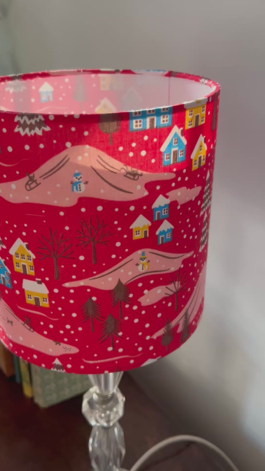 20cm Red Retro Christmas Drum Lampshade with Snowy Village Print