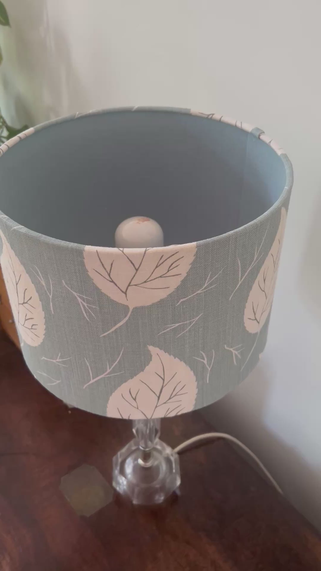Handmade Double Sided Drum Lampshade Handmade with Vintage Duck Egg Blue Leaf Linen, Contemporary Botanical Table Lamp